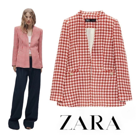 ZARA Luxury Ecru Red Collarless Long Sleeve Textured Houndstooth Jacket Size S - Picture 1 of 9